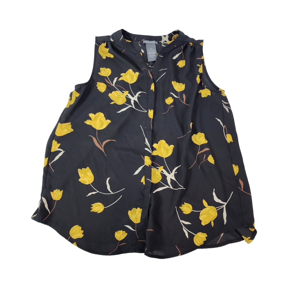 Chelsea & Theodore Womens Medium Black Yellow Tulip Floral Sleeveless V-Neck Top